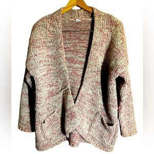 J Jill Pure Jill Large Chunky Knit Open Front Cardigan With Pockets. Gray Red